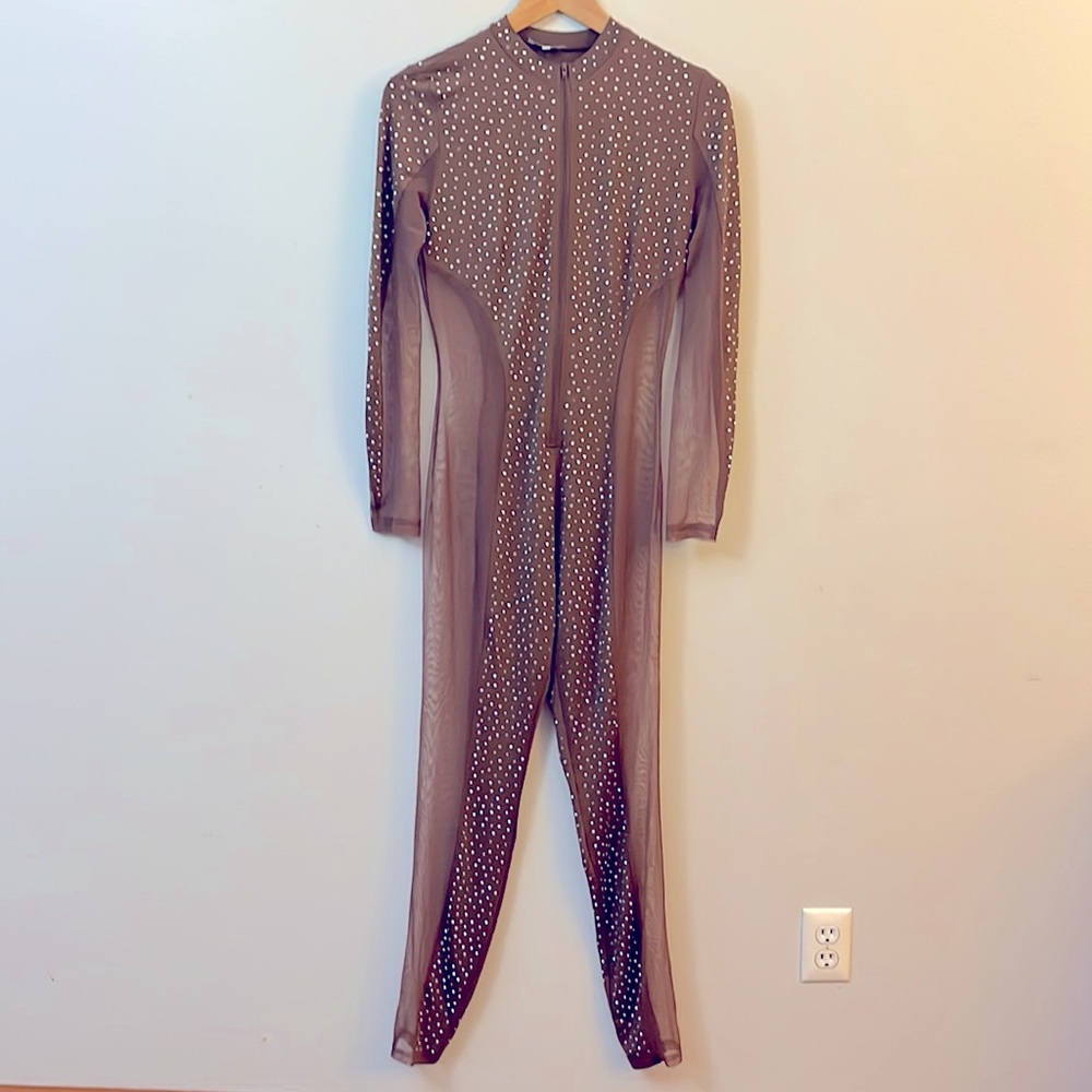 Brown Cocoa Bedazzled Jumpsuit Sz S Fashion Nova
